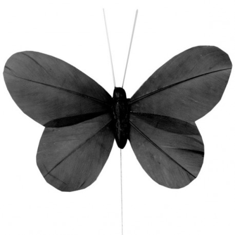 6 Papillons Noir Uni en Plumes sur Tige