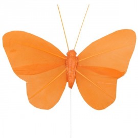 6 Papillons Orange Uni en Plumes sur Tige