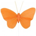 6 Papillons Orange Uni en Plumes sur Tige