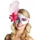 Masque loup Vénitien Argent Pink Domino avec Fleur, Plume 