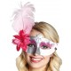 Masque loup Venitien argent pink Domino avec plume rose