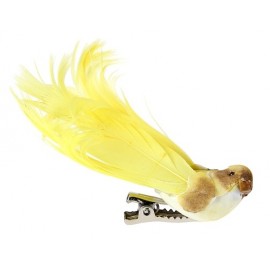 Oiseau Jaune en Plumes sur pince 6.5 cm les 4 