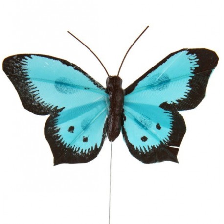 Papillon Bicolore Turquoise en Plumes sur Tige les 6 déco