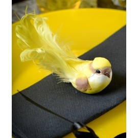 Oiseaux jaunes en plumes sur pince 12 cm les 2