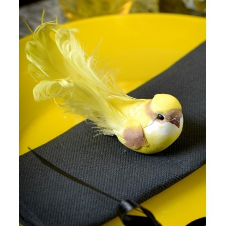 Oiseaux jaunes en plumes sur pince 12 cm les 2