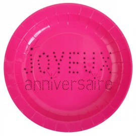 Assiette Joyeux Anniversaire Carton Fuchsia 23 cm les 10