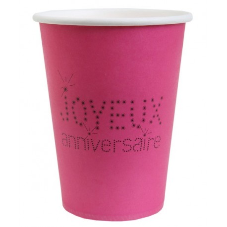 Gobelet Joyeux Anniversaire Carton Fuchsia Etoiles Noires les 10