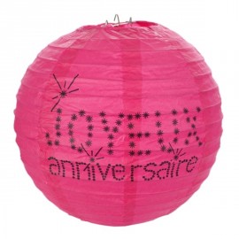 Lanternes boule papier joyeux anniversaire fuchsia 20 cm les 2