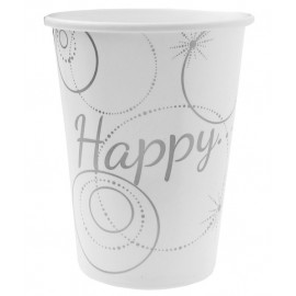 Gobelets carton Happy blanc argent les 10