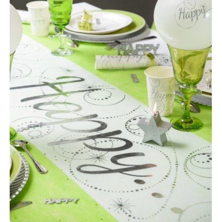 Chemin de table Happy blanc argent intissé 5 M