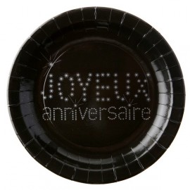 Assiettes Joyeux Anniversaire Carton Noir Argent Chic 23 cm les 10