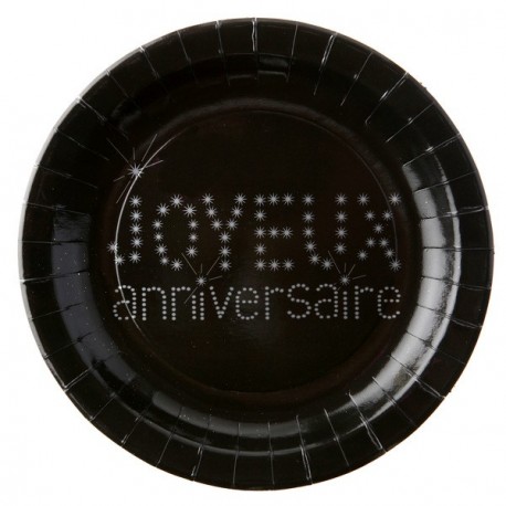 Assiette carton joyeux anniversaire noir argent 23 cm les 10