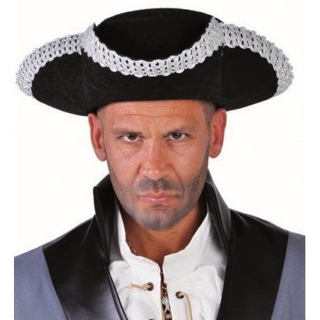 Chapeau tricorne noir argent adulte luxe