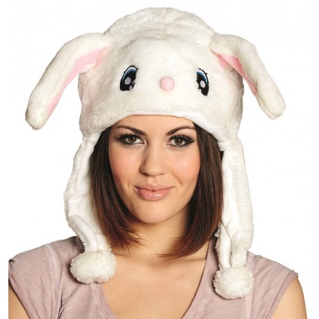 Bonnet peluche lapin blanc adulte