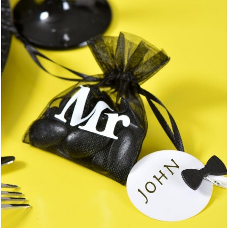 Sachet à dragées Mr noir blanc organdi les 10