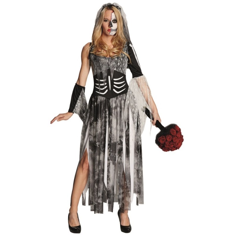 Déguisement Mariée Zombie Halloween Pour Femme – Robe, Voile, Collier Et Tatouages – Effet Terrifiant Et Confortable