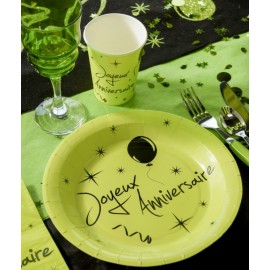 Assiettes carton joyeux anniversaire vert anis 22.5 cm les 10