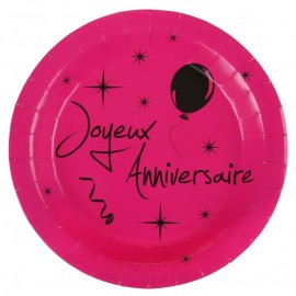 Assiette carton joyeux anniversaire fuchsia 22.5 cm les 10