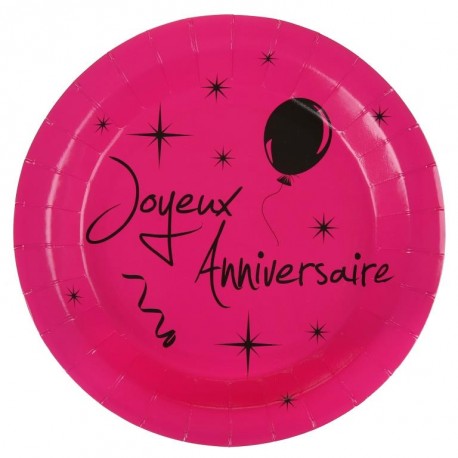 Assiette carton joyeux anniversaire fuchsia 22.5 cm les 10