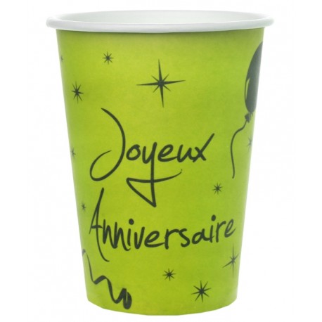 Gobelet carton joyeux anniversaire vert anis les 10