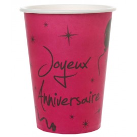 Gobelets carton joyeux anniversaire fuchsia les 10