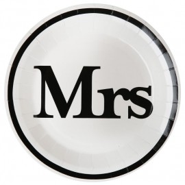 Assiettes carton Mr & Mrs blanc noir Mrs 22.5 cm les 10