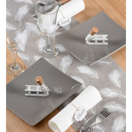 Chemin de table plumes en toile de jute gris blanc 3 M