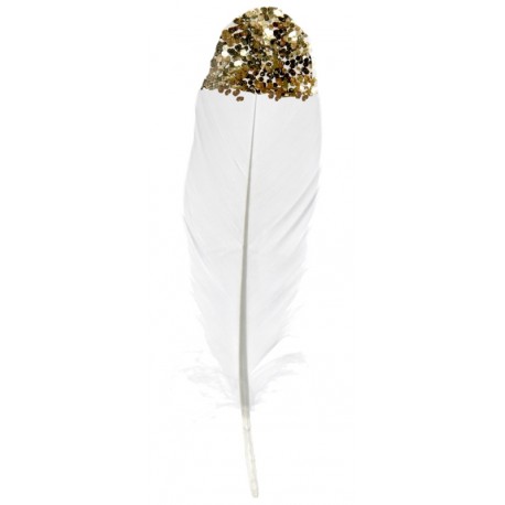 Plume blanche avec paillettes or 16 cm les 6