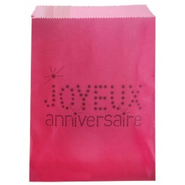 Sachets papier joyeux anniversaire fuchsia 18 cm les 24