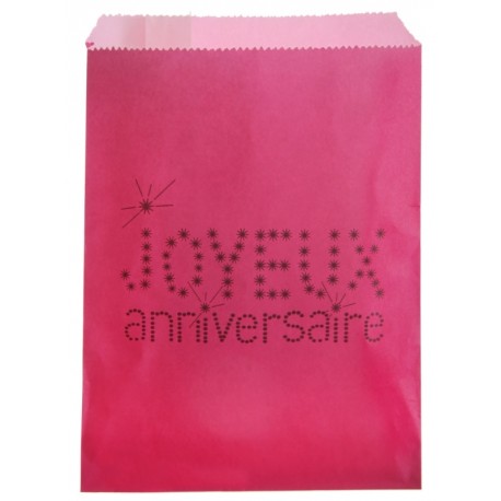 Sachets papier joyeux anniversaire fuchsia 18 cm les 24