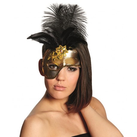 Demi masque baroque or femme avec plumes noires