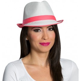 Chapeau borsalino blanc bande fluo rose adulte