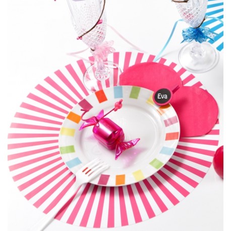 Set de table rayé fuchsia rond 34 cm les 6