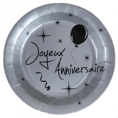 Assiette carton anniversaire argent 22.5 cm les 10