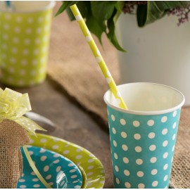 Pailles vert anis à pois blancs en papier les 20