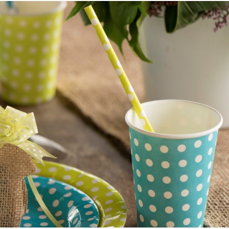 Paille vert anis à pois blancs en papier les 20