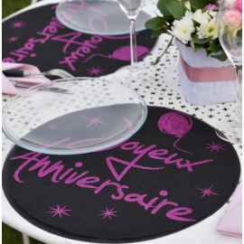 Set de table joyeux anniversaire pailleté fuchsia 34 cm les 6