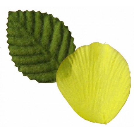 Pétale de rose jaune en tissu avec feuilles x100 Pétale jaune
