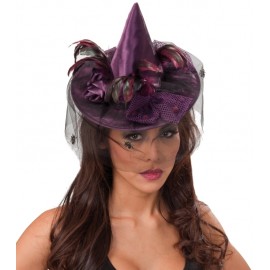 Mini chapeau sorcière violet femme avec voilette Halloween