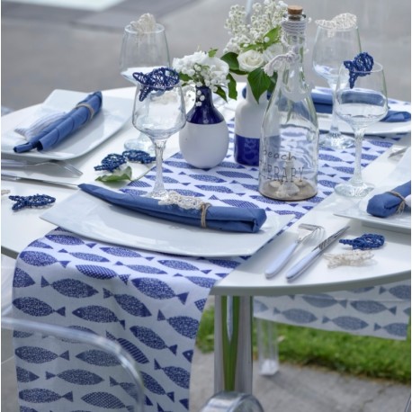 Chemin de table poisson bleu marine coton 3 M