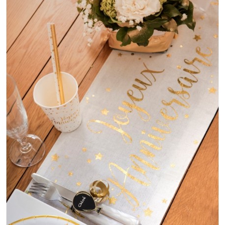 Chemin de table joyeux anniversaire Or coton 3 M