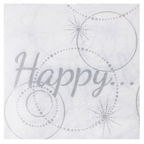 Serviette de table Happy blanche et argent papier les 20