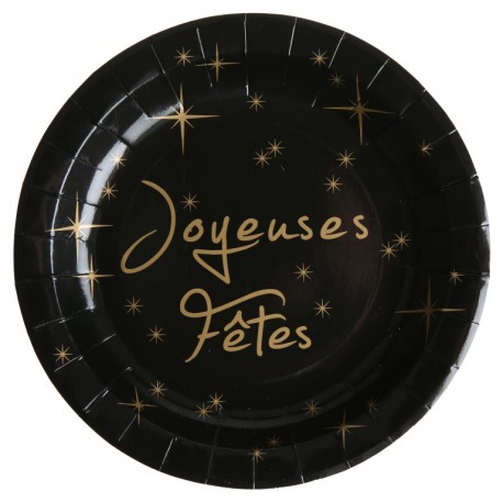 Assiette carton Joyeuses Fêtes noire et or 22.5 cm les 10