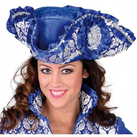 Chapeau Tricorne royale brocart bleu cobalt adulte luxe