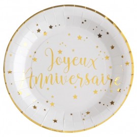 Assiette carton Joyeux anniversaire or 22.5 cm les 10