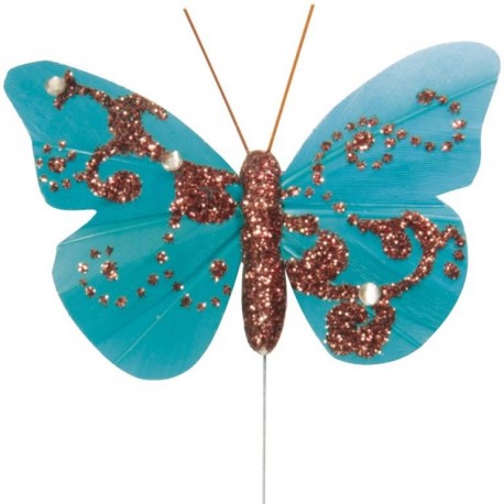 Papillon plume turquoise pailleté sur tige les 6