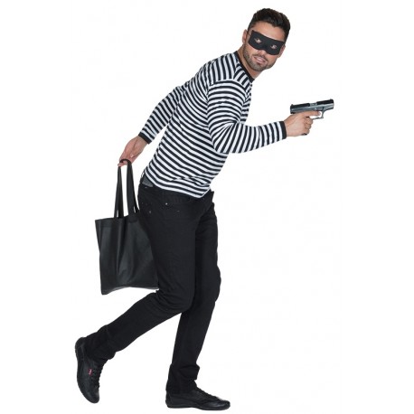 Costume Prisonnier Homme Halloween - T-shirt Et Pantalon Rayé Noir/blanc + Bonnet + Menottes - Taille M/L - Matière Polyester Respirante