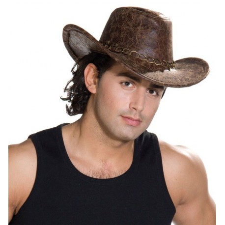 Chapeau Cow-boy Aventurier Marron imitation cuir Adulte