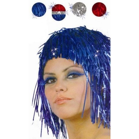 Perruque lamee disco tricolore rouge argent bleue