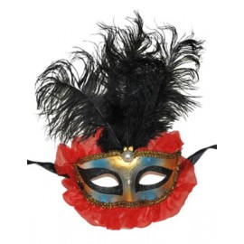 Masque Vénitien avec Plumes Noires, Organdi Rouge Adulte
